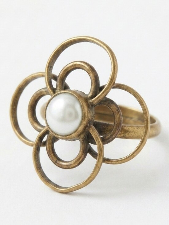 Artisan Jewelry - Vintage Antique Brass Pearl Flower Ring Dainty Boho Adjustable Cocktail Ring